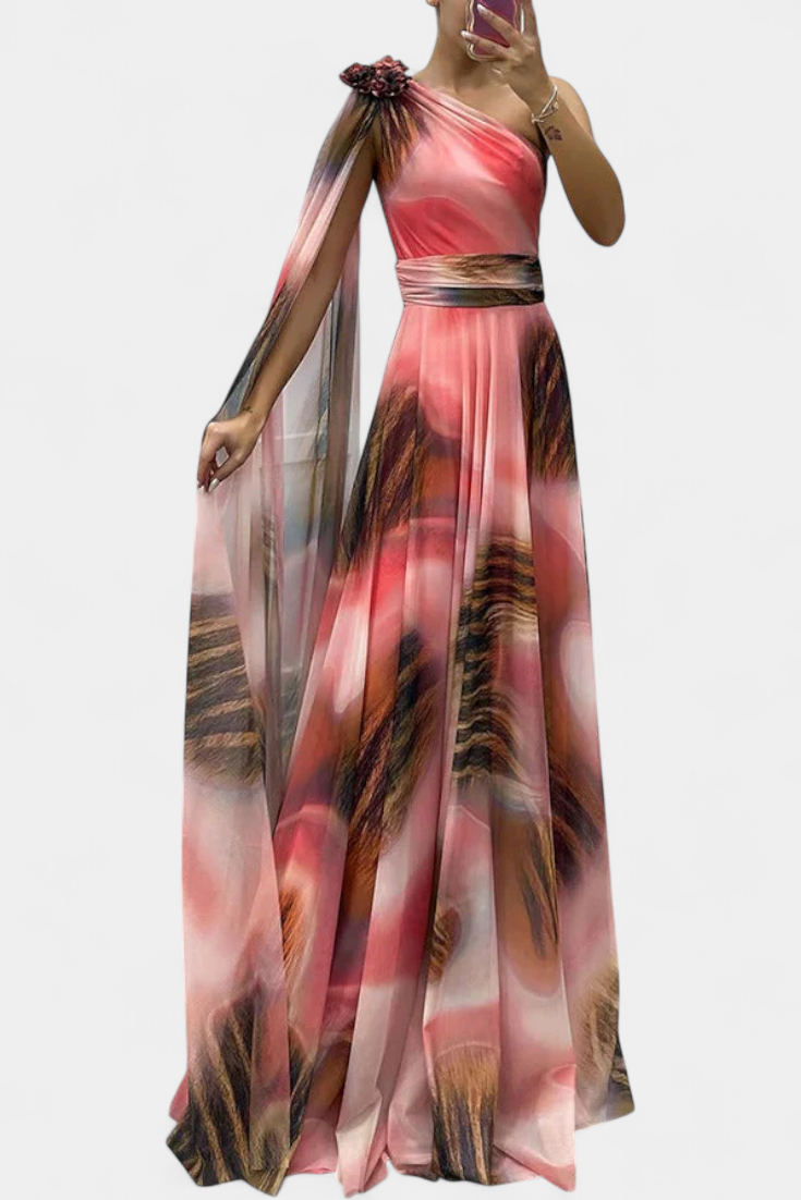 Cedara Robe Asymétrique Maxi à Appliqué Floral et Manche Drapée