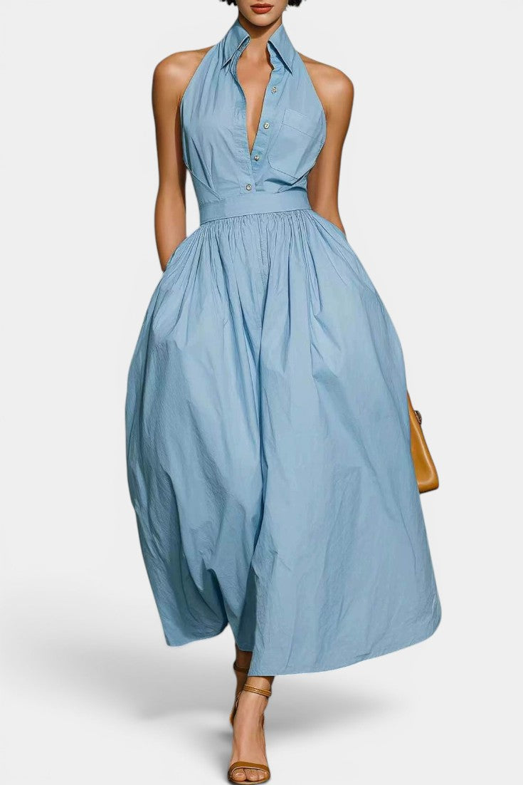 Livia Robe Maxi Sans Manches Col Revers & Imprimé Rayé