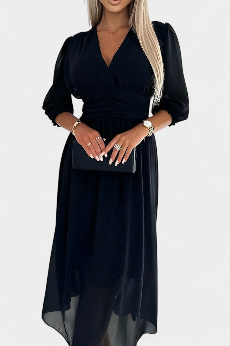 Dorina Robe Midi à Décolleté en V et Manches Légères Semi-Transparentes