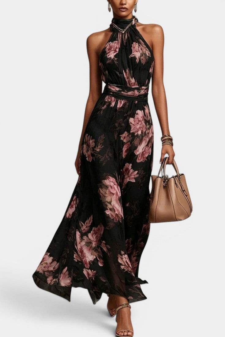 Oriane - Robe Longue Halter Fluide Print Floral Aquarelle Ceinture Dorée Dos Nu