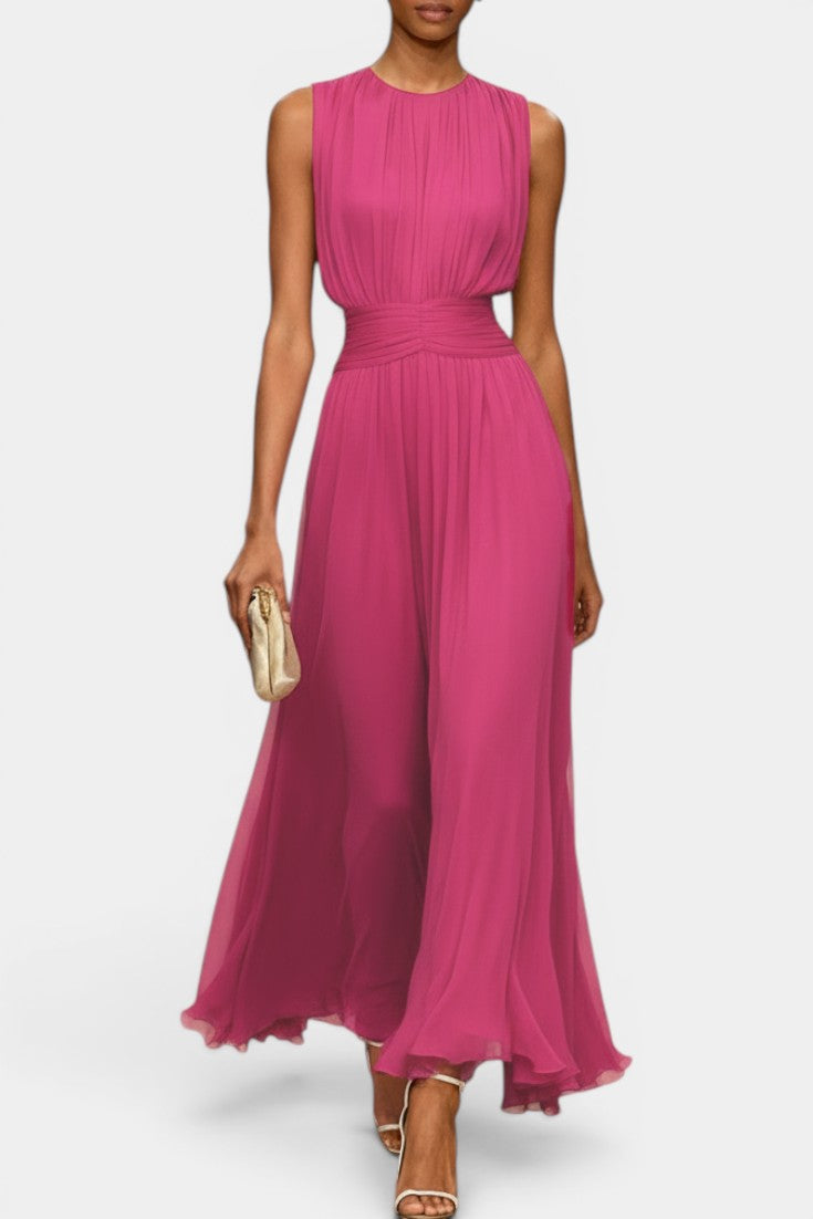 Briony Robe Longue Mousseline Plissée Col Rond Sans Manches Ceinture Drapée