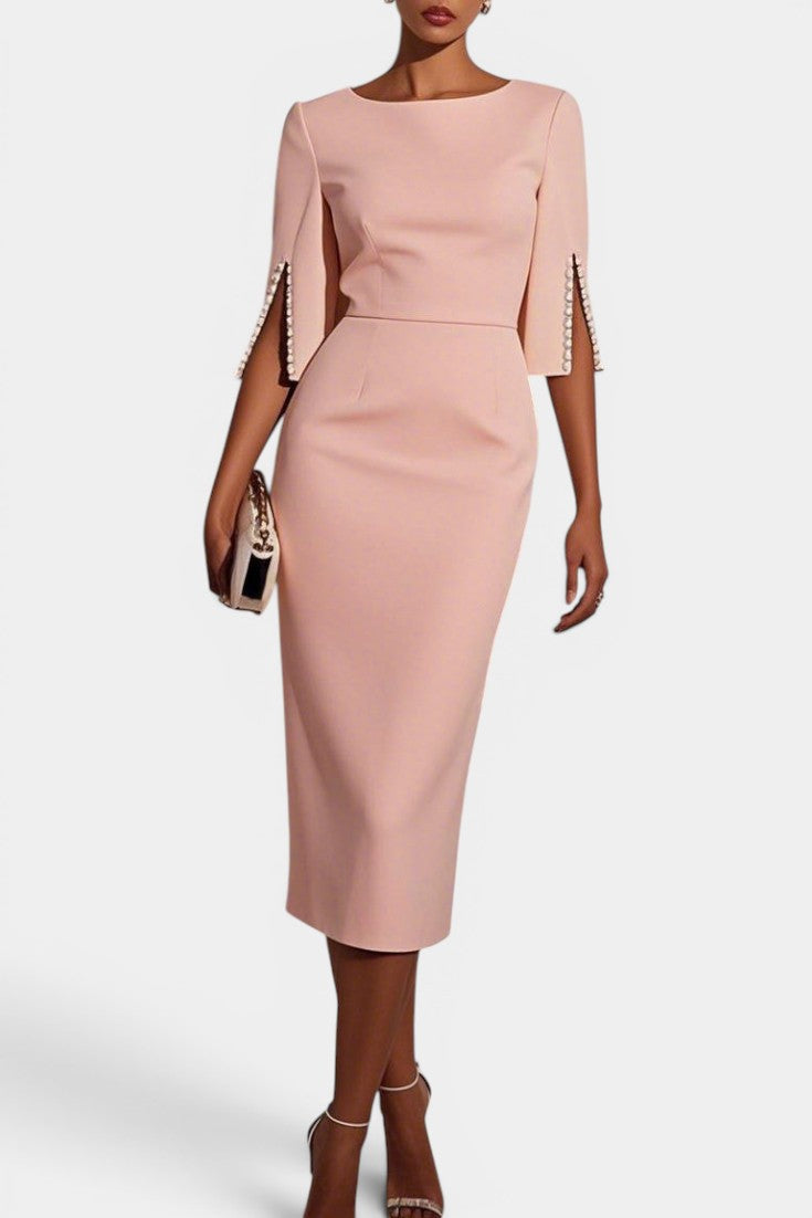 Reece Robe Midi Fourreau Col Rond & Manches Fendues Ornées de Perles