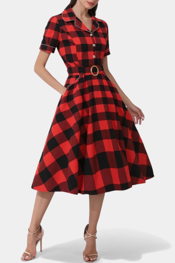 Lylas Robe Midi Vintage à Carreaux avec Revers Tailleur, Poches et Ceinture