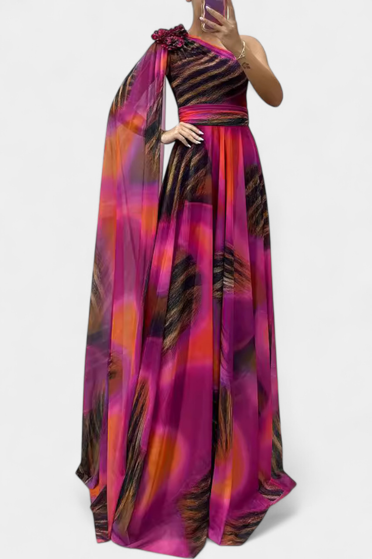 Cedara Robe Asymétrique Maxi à Appliqué Floral et Manche Drapée