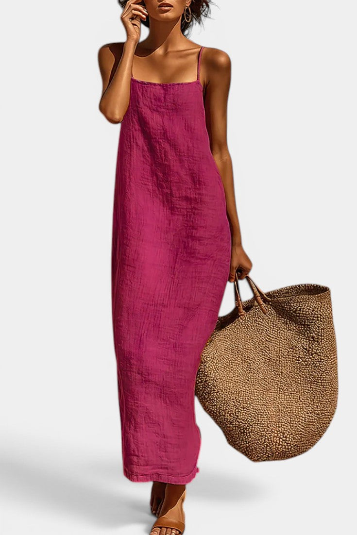 Zara Robe Maxi Lin Texturé Fines Bretelles Col Carré Dos Nu Fente Latérale