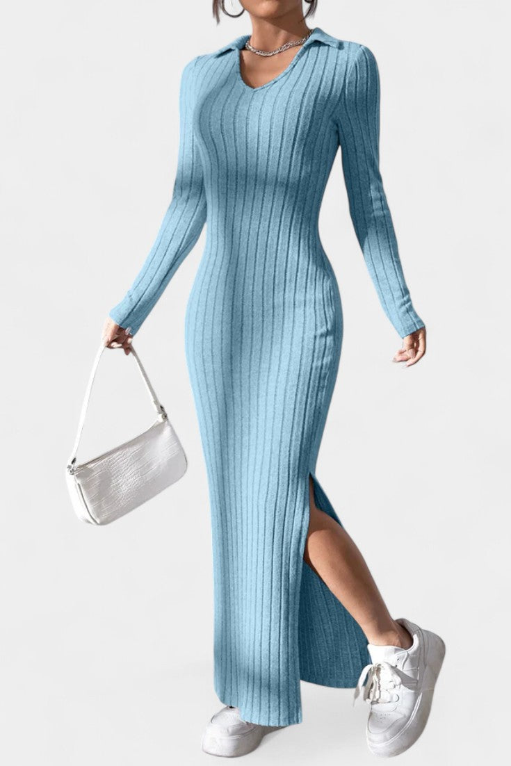 Élidia Robe Maxi Fendue à Col en V et Silhouette Ajustée