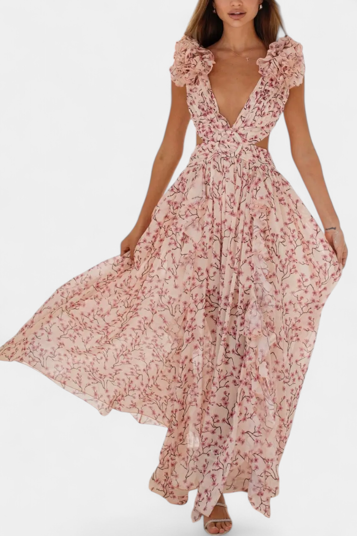 Zuleika Robe Longue en Chiffon à Manches Volants et Détails Découpés