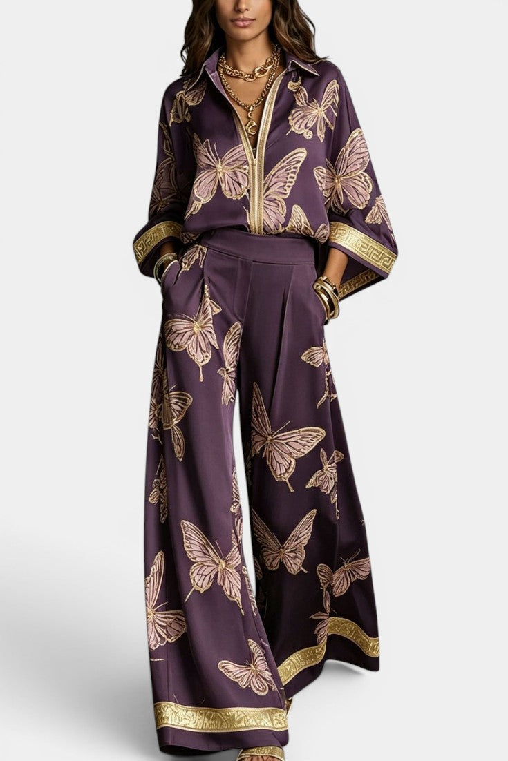Lysara - Ensemble Chemise Oversize & Pantalon Large Print Papillons Dorés