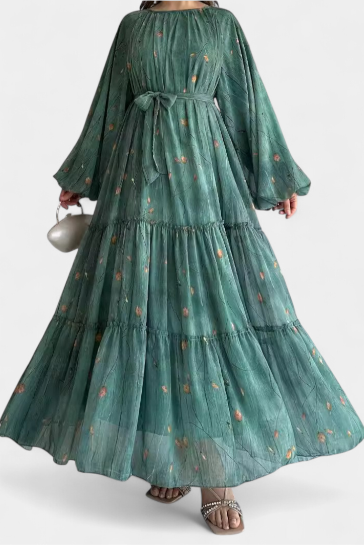 Tavira Robe Fleurie Ceinturée à Volants et Manches Longues