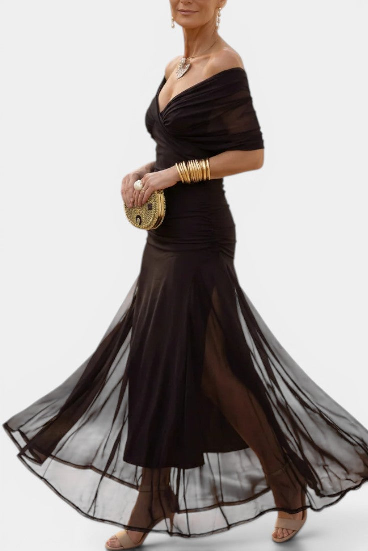 Alondra - Robe Longue Épaules Dénudées Imprimé Aquarelle Buste Torsadé