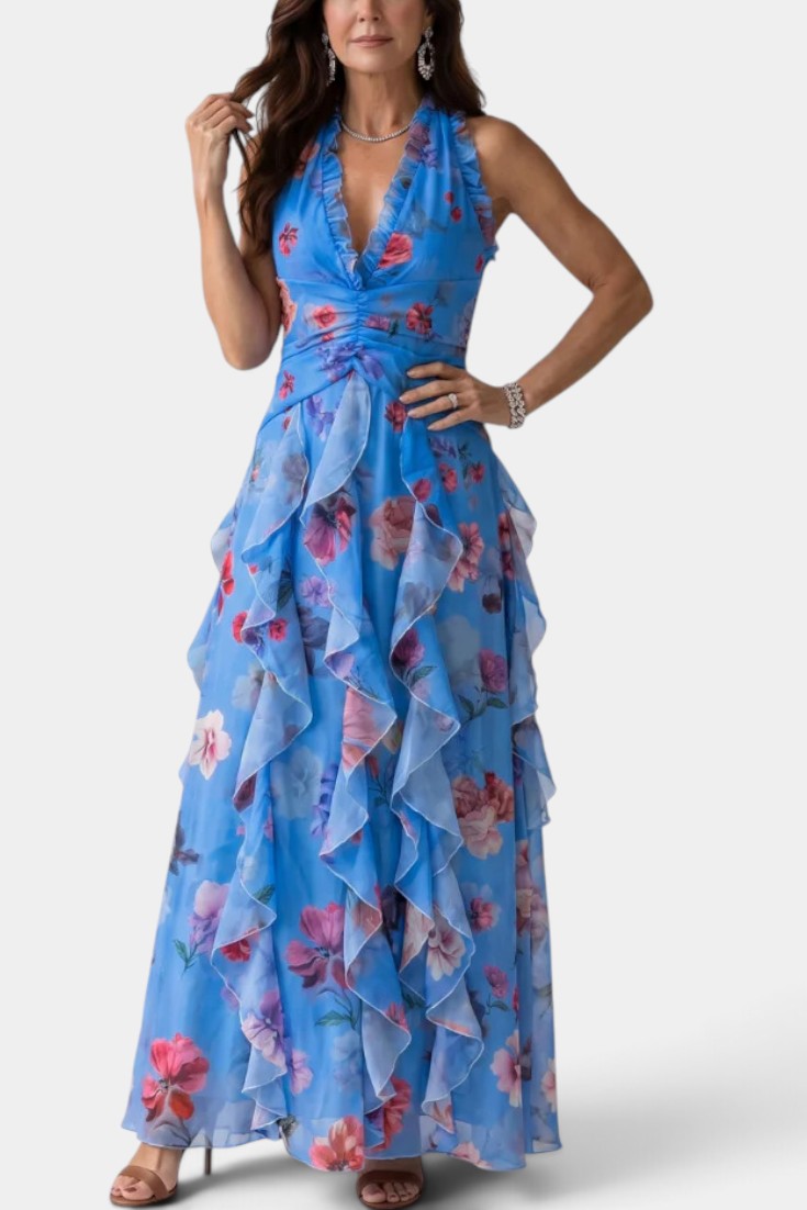 Amaya - Robe Longue Fleurie à Dos Nu & Volants Cascade