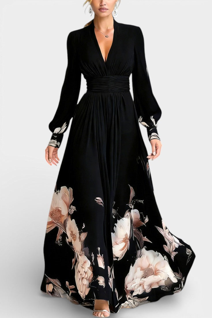 Ally Robe Longue Plissée Fleurie à Décolleté en V et Manches en Tulle