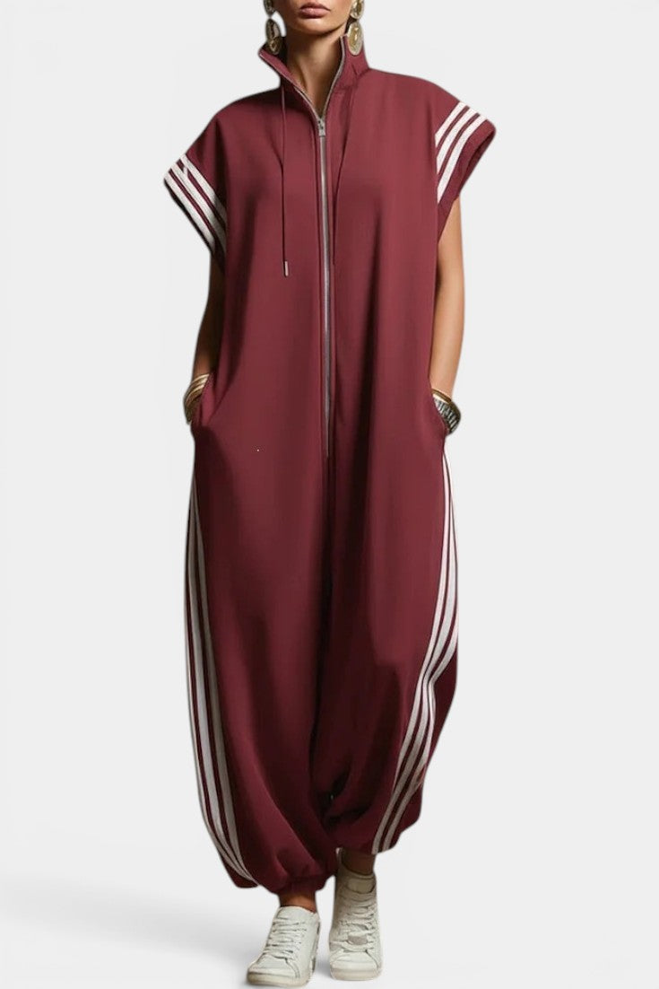 Reva - Combinaison Oversize Col Zippé Sans Manches Bandes Latérales Contrastées Bas Élastiqué