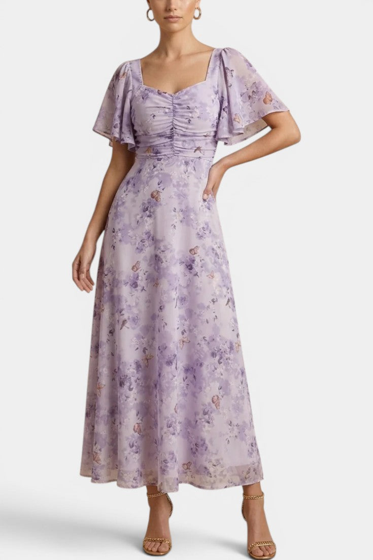Florine - Robe en Mousseline Imprimé Floral Décolleté Cœur Manches Papillon Jupe Évasée
