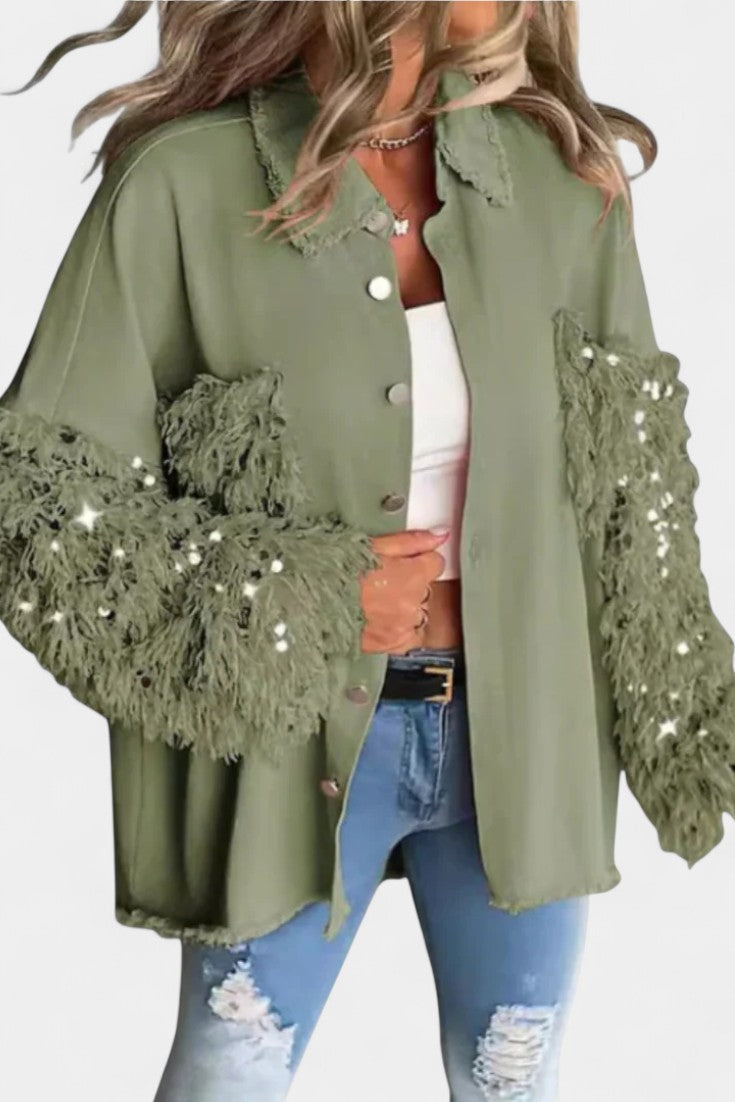 Birgit Veste en Jean Oversize à Bords Effilochés et Détails en Sequins