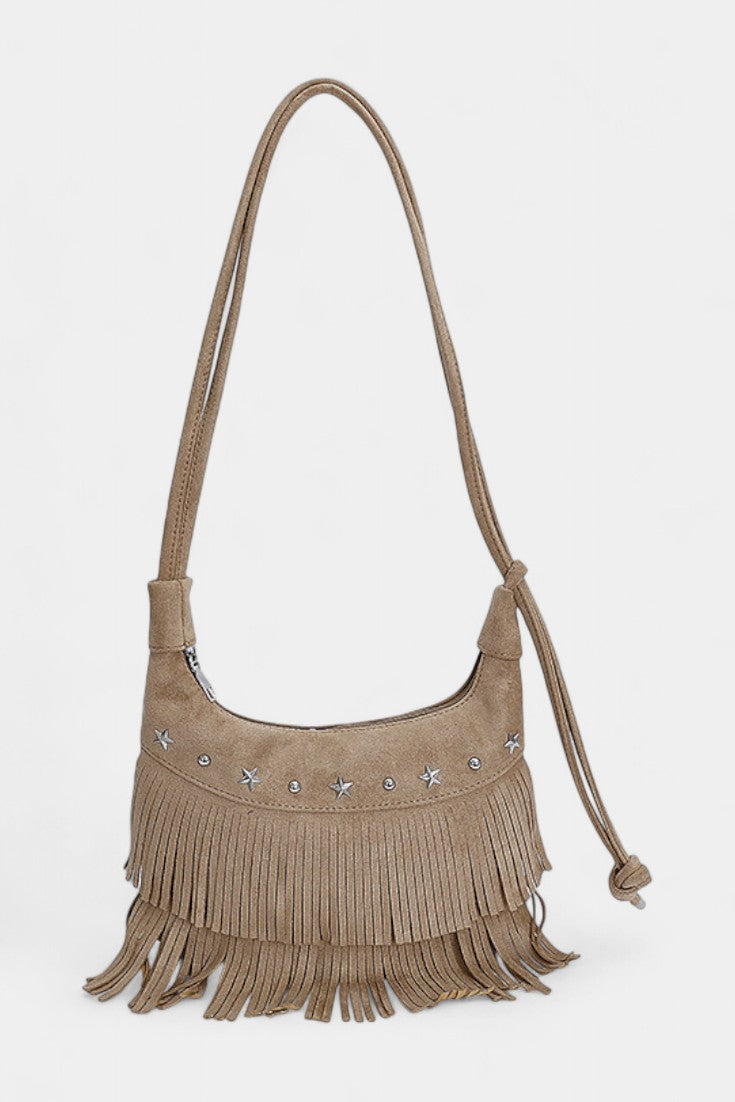 Nayden Sac en Daim Marron à Franges et Détails Métalliques