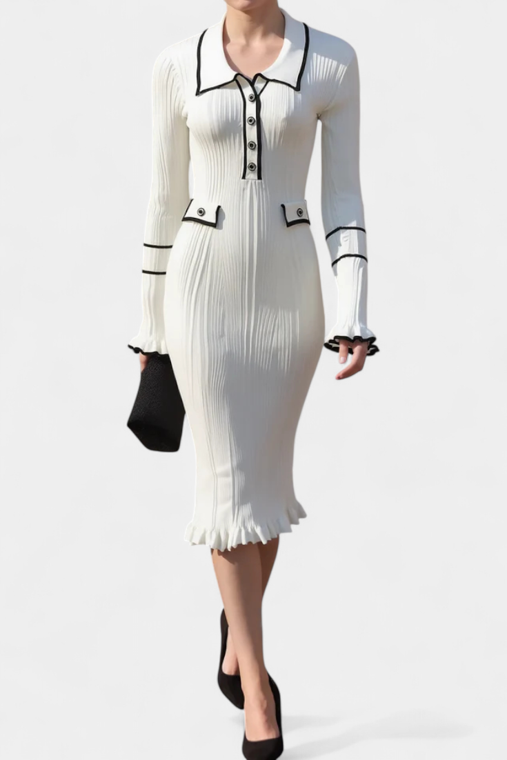 Jamila Robe en Tricot à Col Polo et Volants Élégants