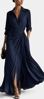 Robe longue chemise Drapée Mahaute Bryony avec taille nouée et fente frontale, tissu fluide et élégant, portée décontractée ou chic.