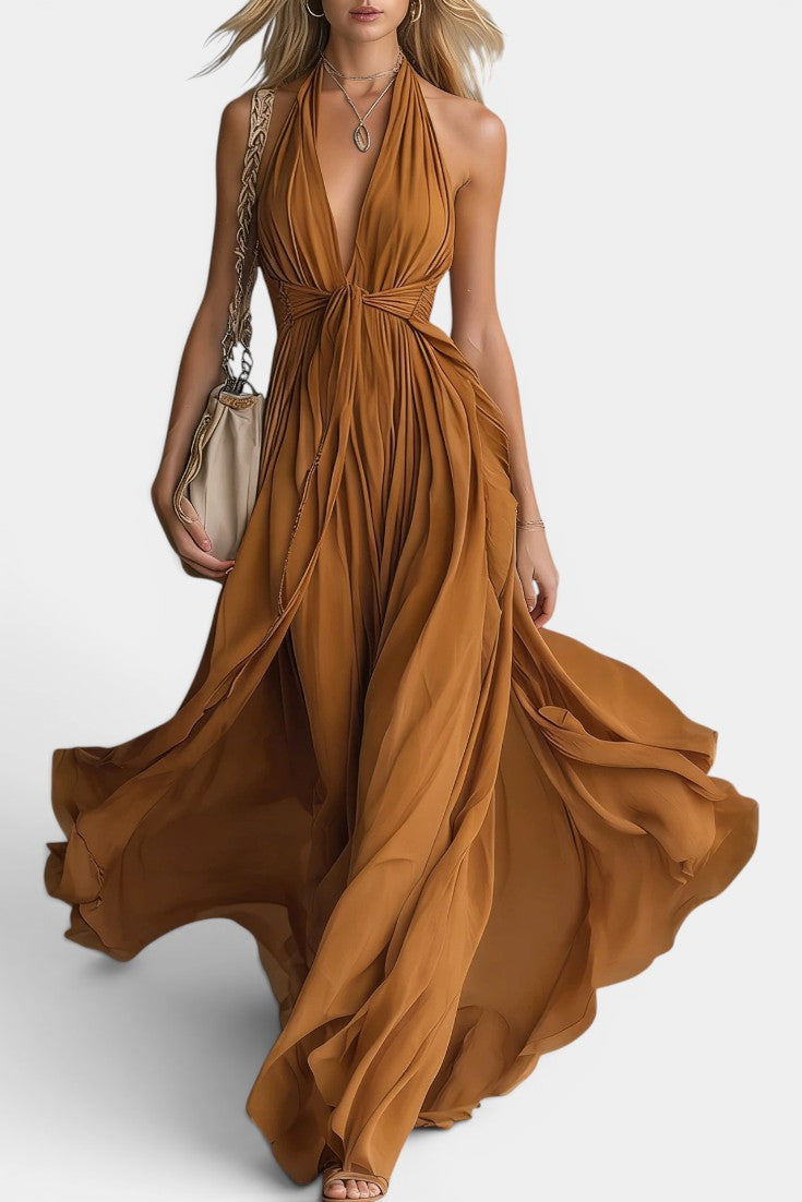 Séraphia – Robe Longue Mousseline Halter Col V Profond Ceinture Nœud Dos Nu