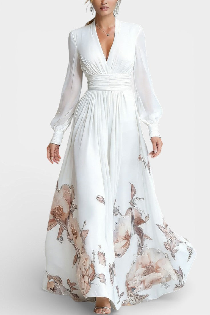 Ally Robe Longue Plissée Fleurie à Décolleté en V et Manches en Tulle
