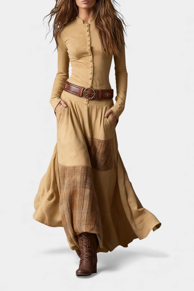 Marlis Robe Longue Élégante à Carreaux Vintage