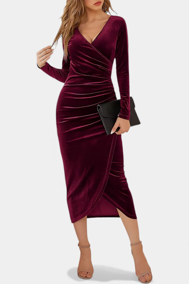 Kenza Robe Midi Cocktail en Velours Froncé