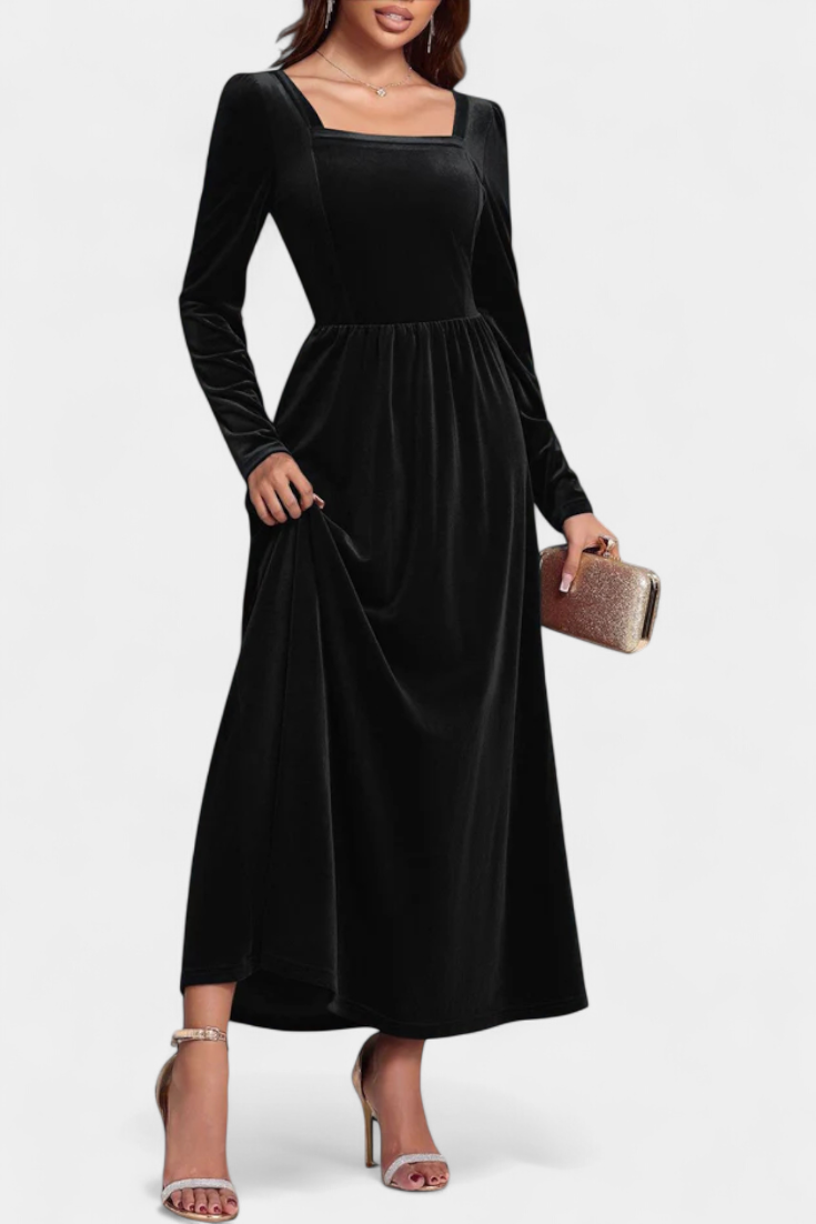 Stéphanie Robe Longue en Velours à Dos Nu et Col Carré