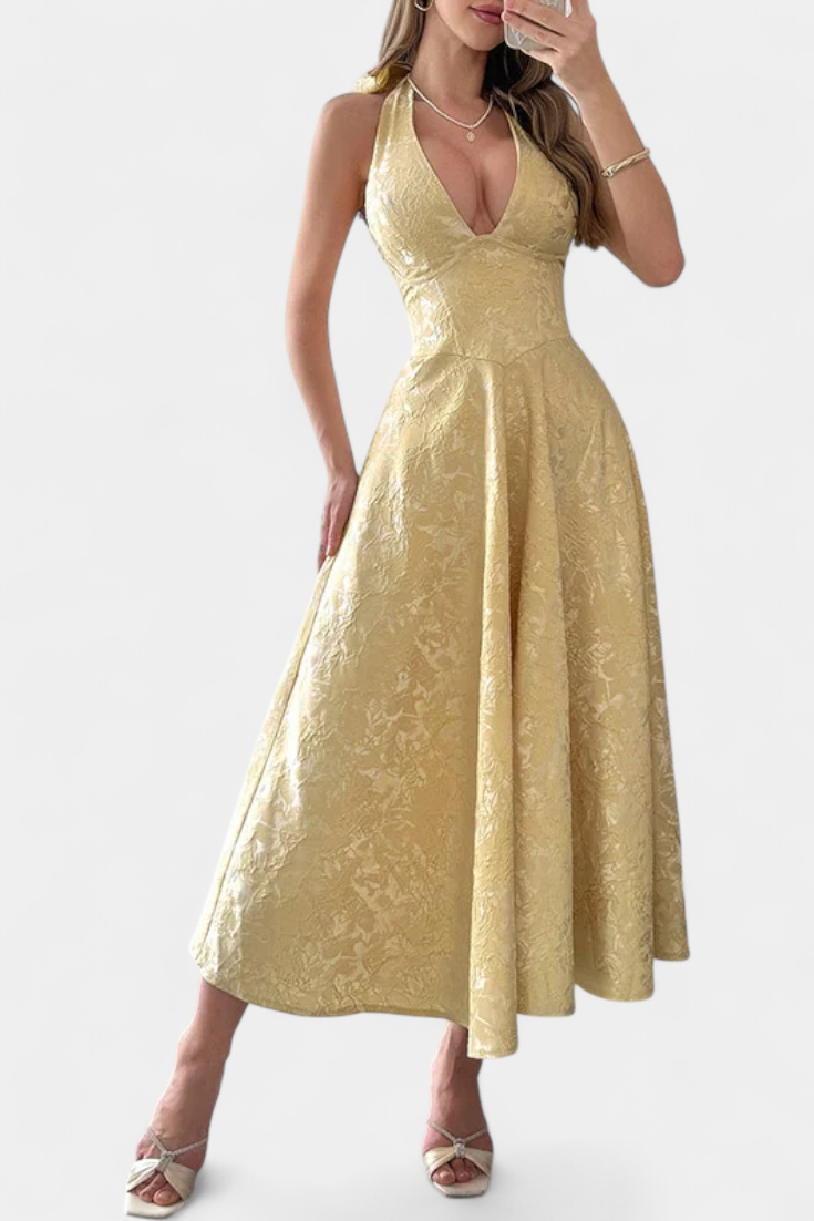 Gilda Robe en Jacquard à Décolleté Profond et Dos Nu Ajustable