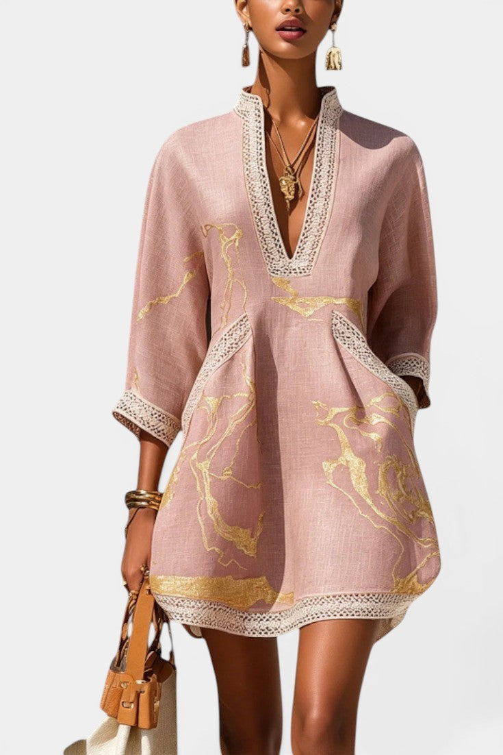 Roxane - Vestido Túnica Corto Escote Pico Encaje Estampado Metalizado