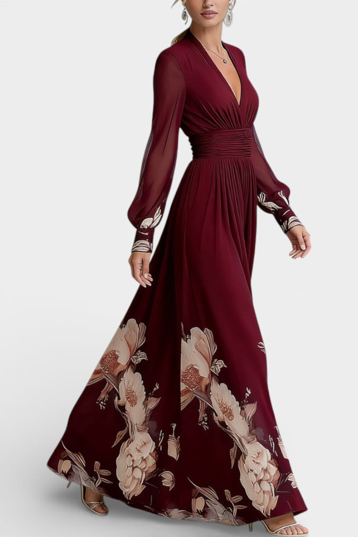 Ally Robe Longue Plissée Fleurie à Décolleté en V et Manches en Tulle