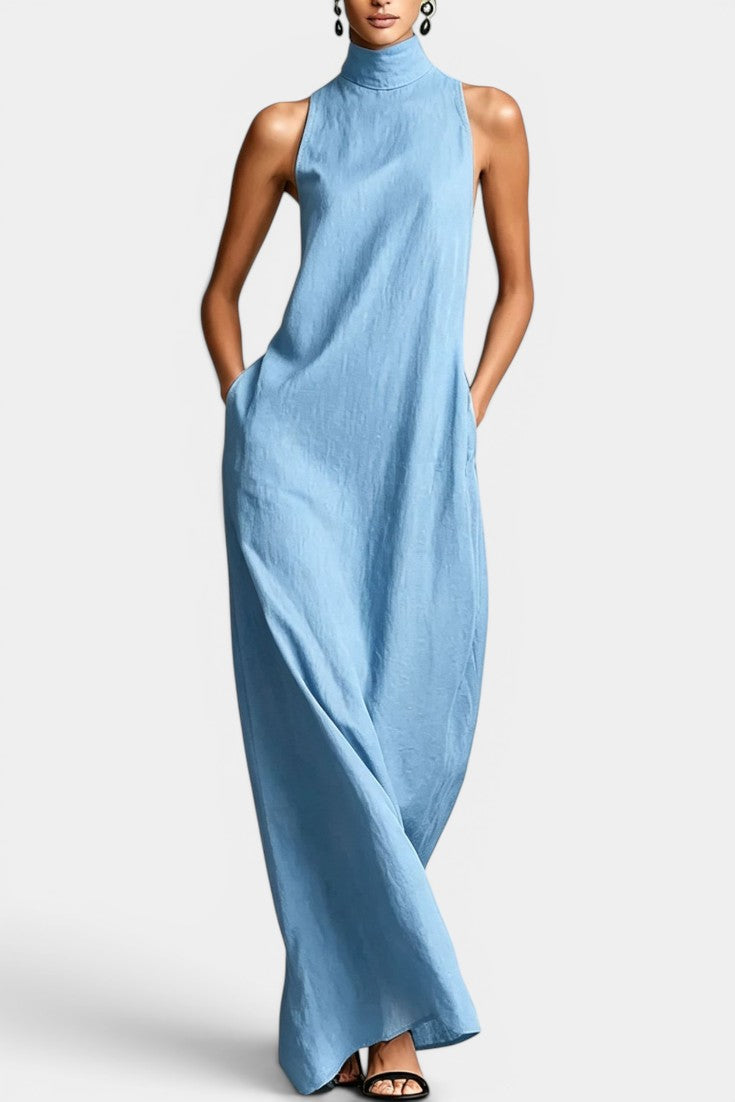 Lexane Robe Longue Lin Col Montant Sans Manches Coupe Droite Ample Poches