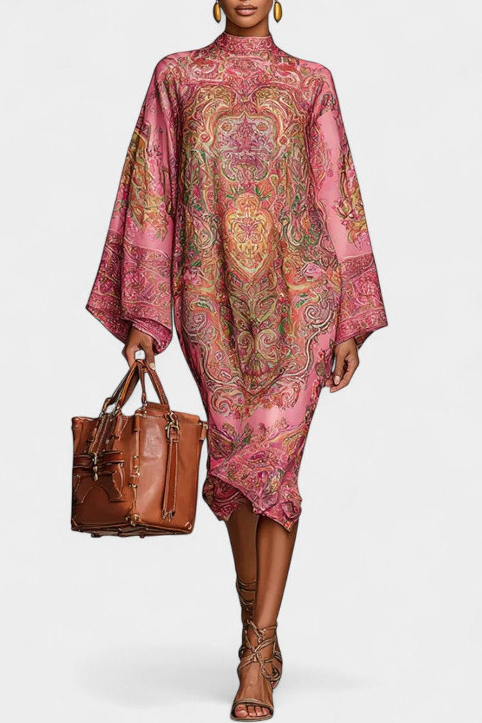 Flavia Robe Midi Col Montant Manches Kimono Imprimé Cachemire