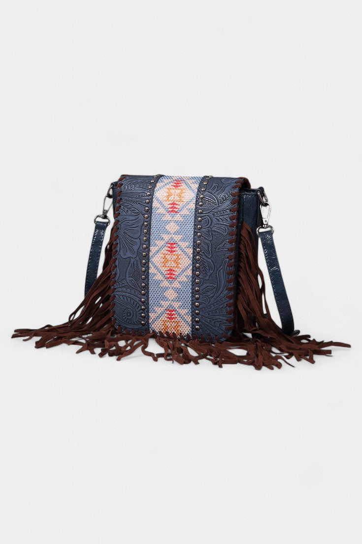 Sac à Bandoulière Structuré à Franges et Motif Floral Embossé