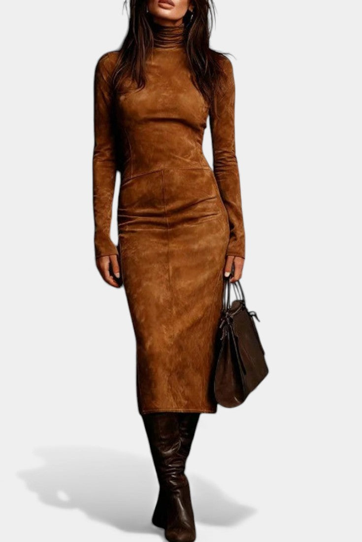 Océane Robe Midi en Suède à Col Montant et Manches Longues