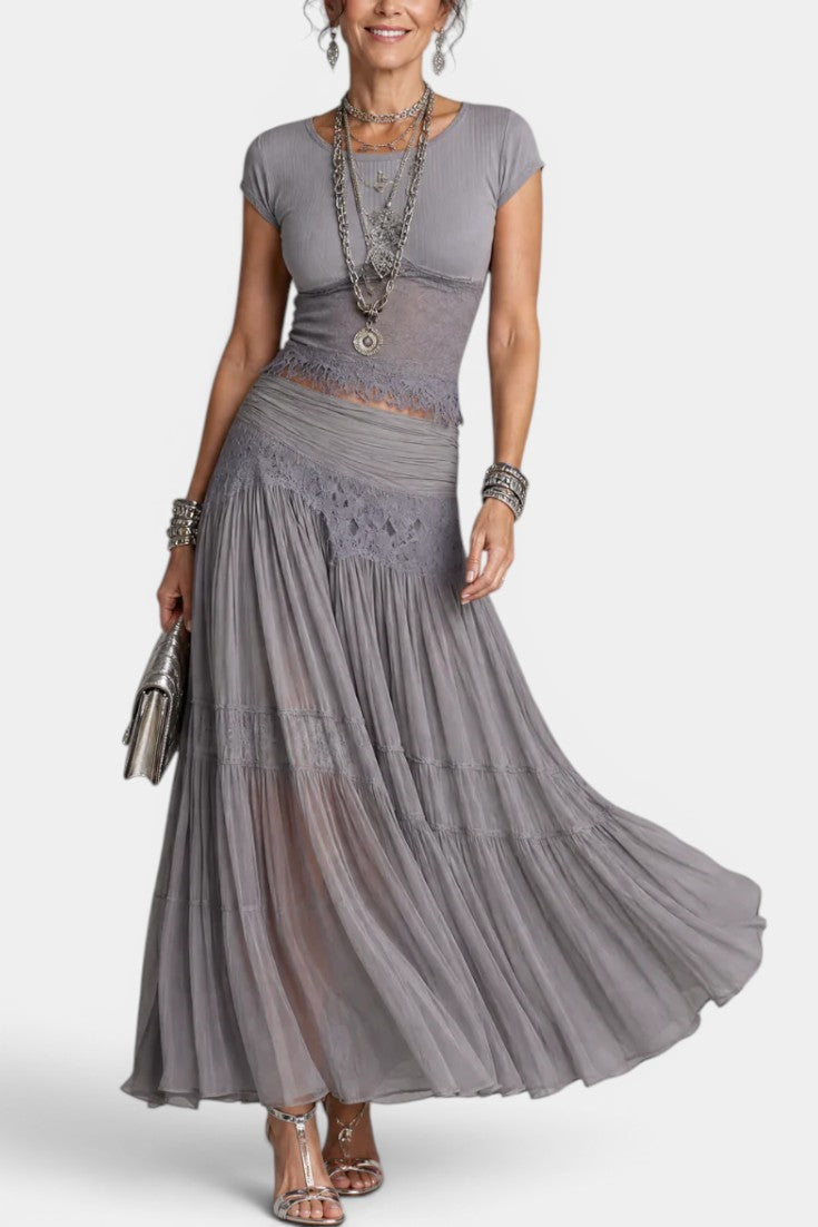 Silvane Ensemble Deux Pièces Crop Top Côtelé & Jupe Maxi Plissée Dentelle