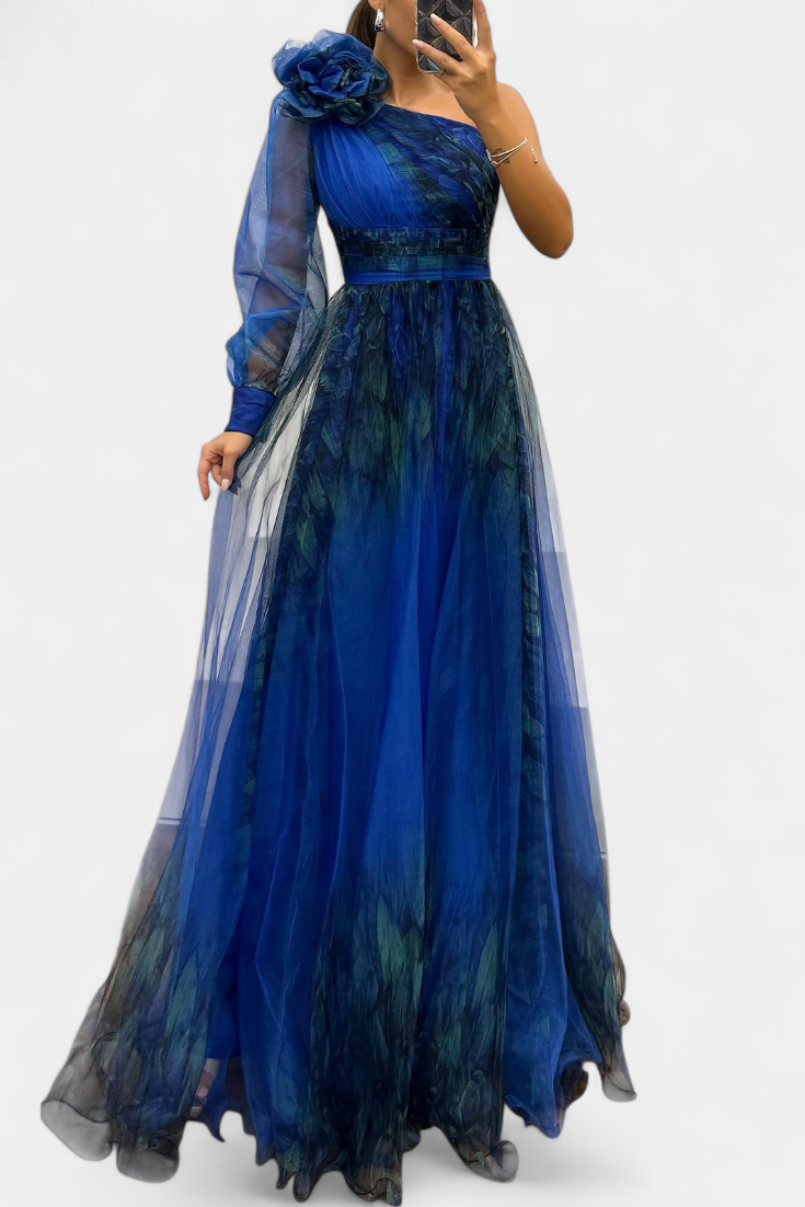 Becca Robe Longue Asymétrique en Chiffon à Fleur Structurée