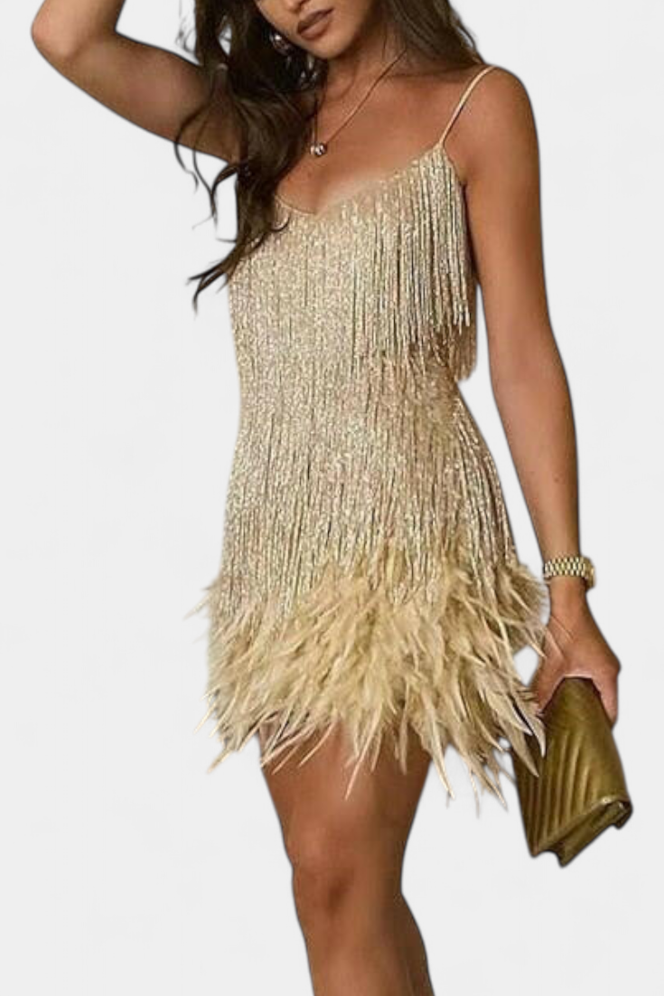 Sheril Robe Mini à Détails en Plumes et Silhouette Glamour