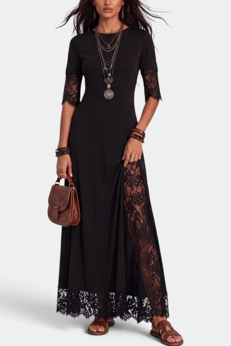 Robe longue Mahaute Méliorine avec empècements en dentelle florale et manches mi-longues, élégante et féminine.