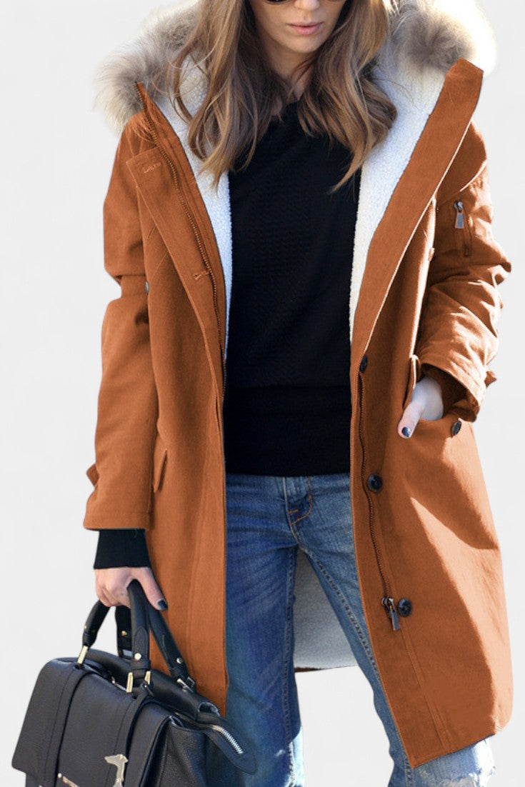 Katell Parka Mi-Longue à Capuche avec Col en Fausse Fourrure