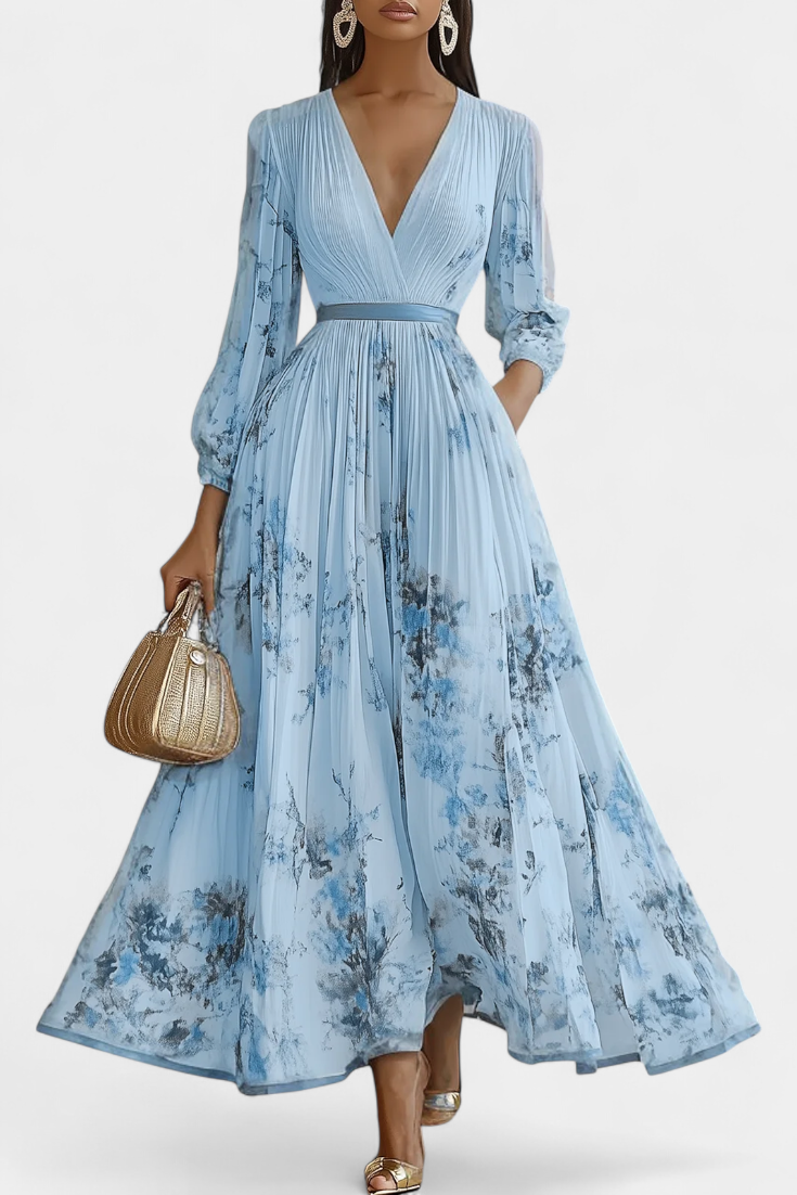 Phaedra Robe Évasée en Chiffon Floral Plissé