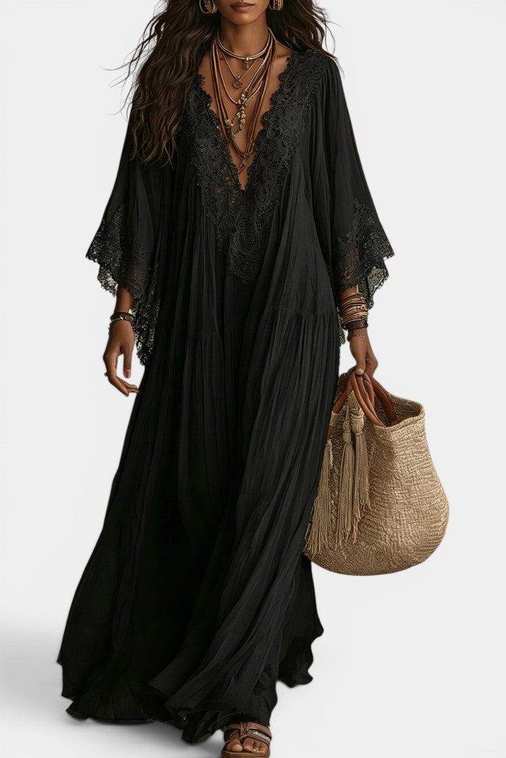 Indie - Robe Longue Col V en Dentelle Coupe Ample