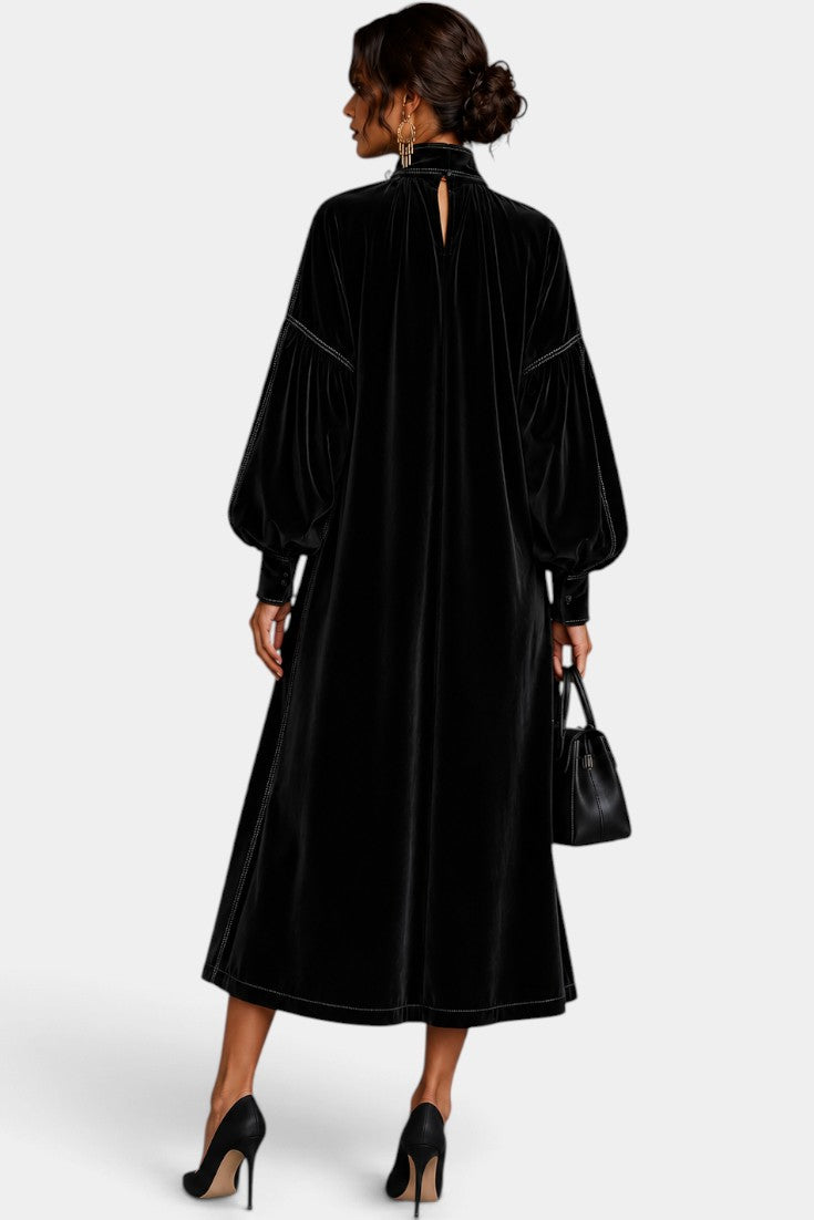 Robe mi-longue en velours Mahaute Théodeline avec col lavallière et manches bouffantes, élégante et tendance.