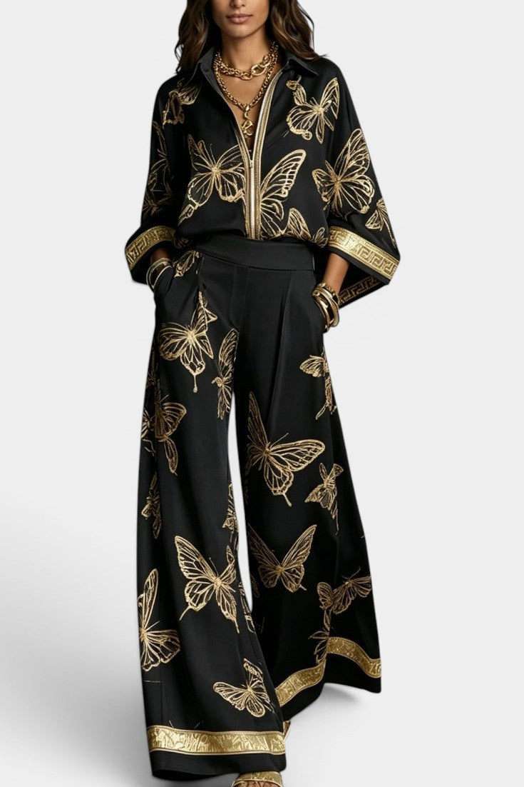 Lysara - Ensemble Chemise Oversize & Pantalon Large Print Papillons Dorés
