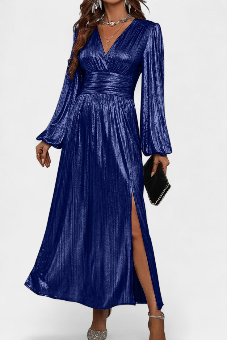 Faelyn Robe Plissée Brillante à Décolleté en V et Silhouette Fluide