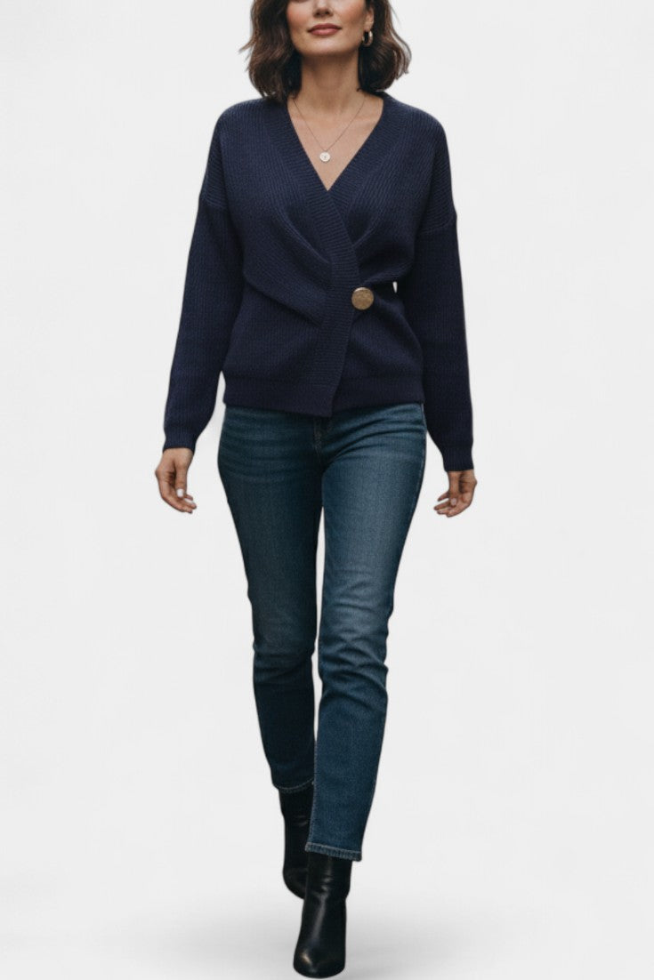 Céline Cardigan en Tricot Côtelé Style Wrap à Col en V et Ourlet Asymétrique