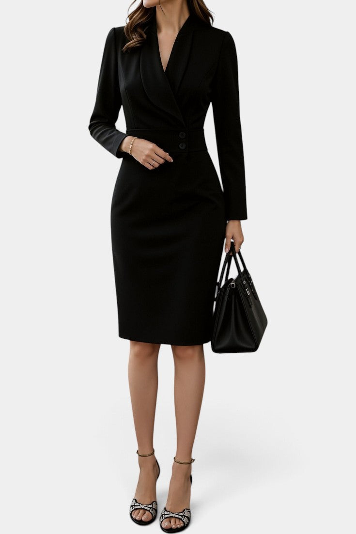 Robe mi-longue noire Mahaute Aafke avec blazer à col croisé et ceinture à la taille, élégante et tendance.