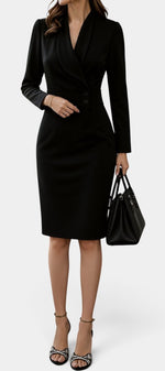 Robe mi-longue noire Mahaute Aafke avec blazer à col croisé et ceinture à la taille, élégante et tendance.