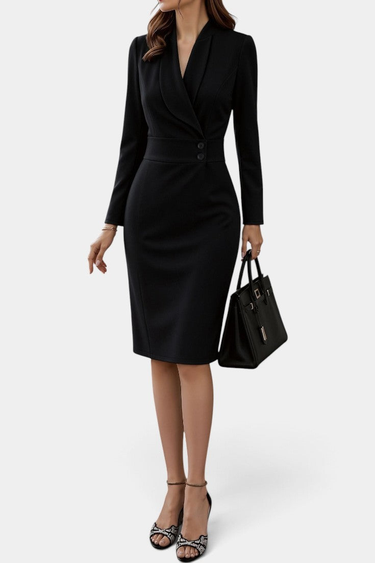 Robe mi-longue noire Mahaute Aafke avec blazer, col croisé et taille ceinturée, élégante et tendance.