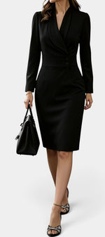 Robe mi-longue noire Mahaute Aafke avec blazer, col croisé et ceinture à la taille, élégante et sophistiquée.