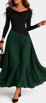 Mahaute Adelajda long dress with black draped neckline bodice and flowing emerald green pleated skirt